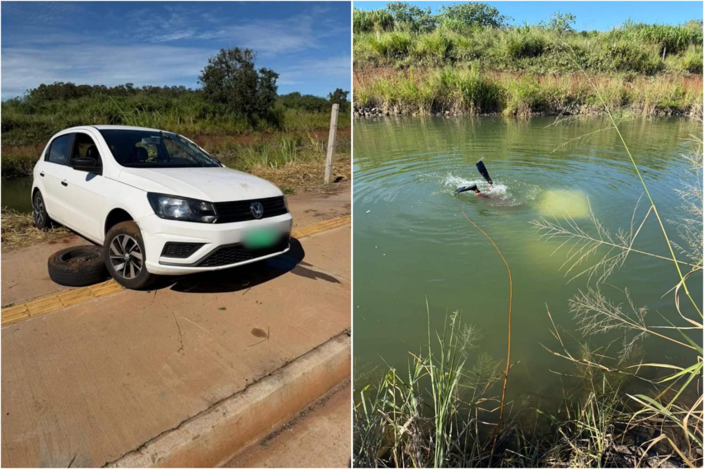 Veículo cai em lagoa de contenção e mobiliza Corpo de Bombeiros